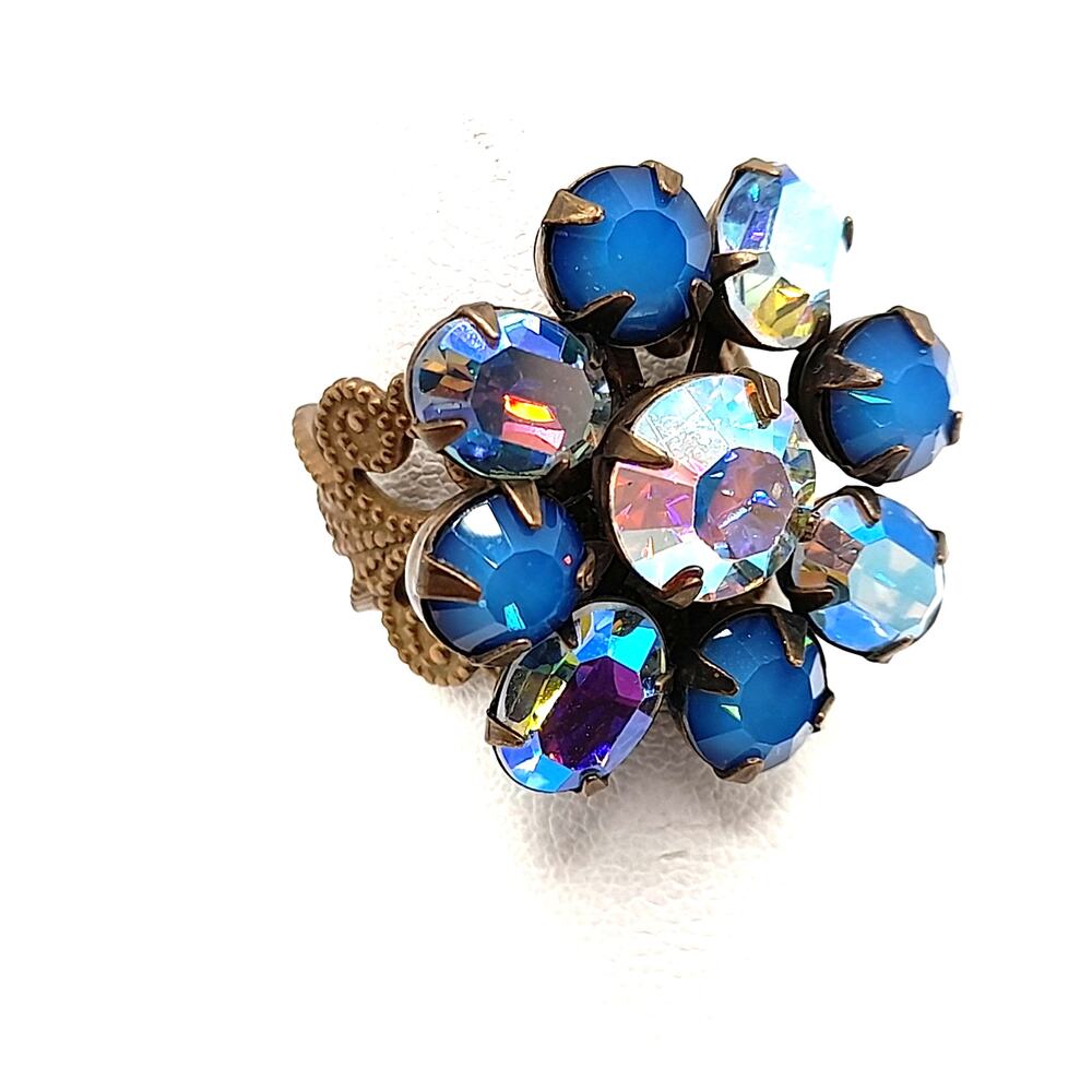 Vintage Blue AB Rhinestone Flower Ring Adjustable Size 6 Filigree Brass